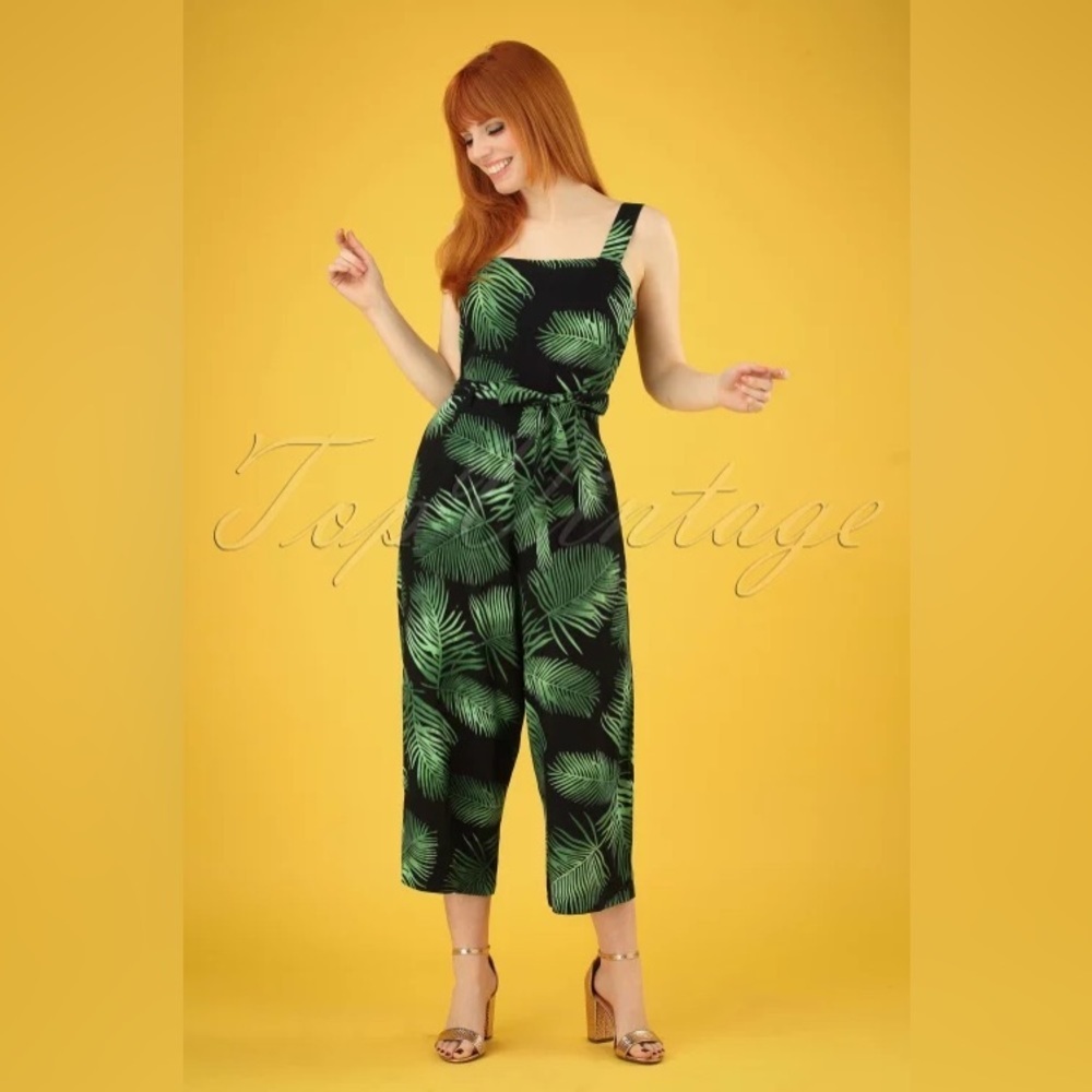 70s Millie Palm Batik Cropped Jumpsuit in Black and Green size 8 tropical - Picture 2 of 9
